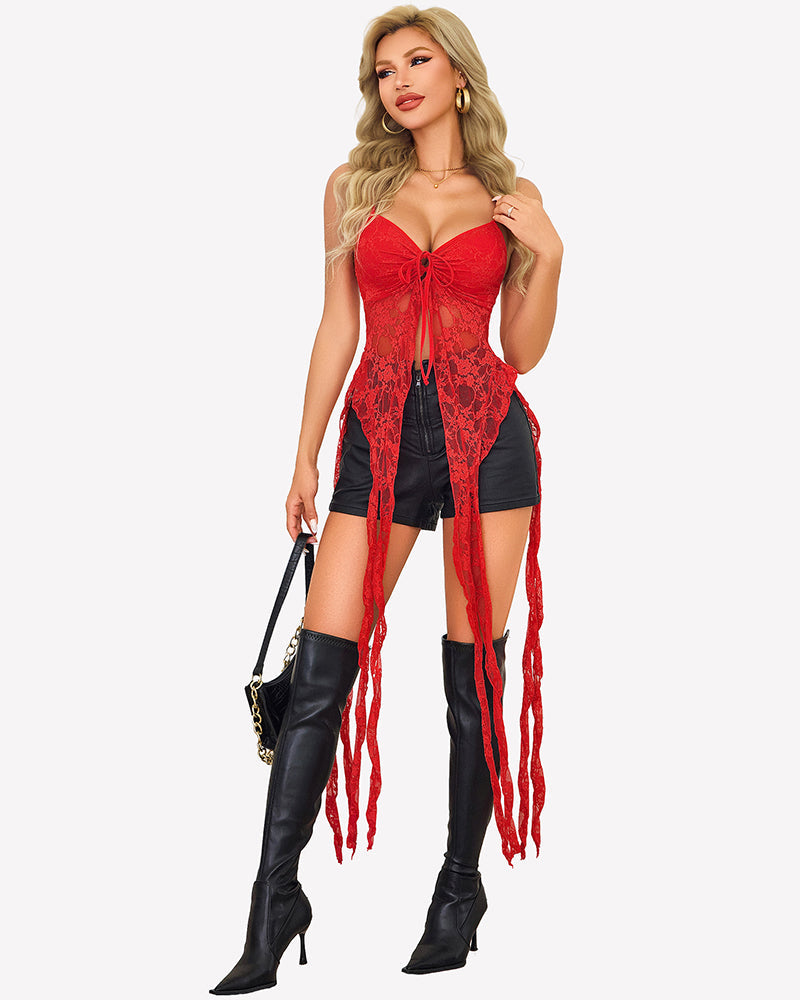 Lace Ruffle Camisole Top Open Front V Neck Going Out Top