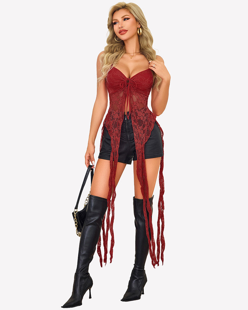 Lace Ruffle Camisole Top Open Front V Neck Going Out Top