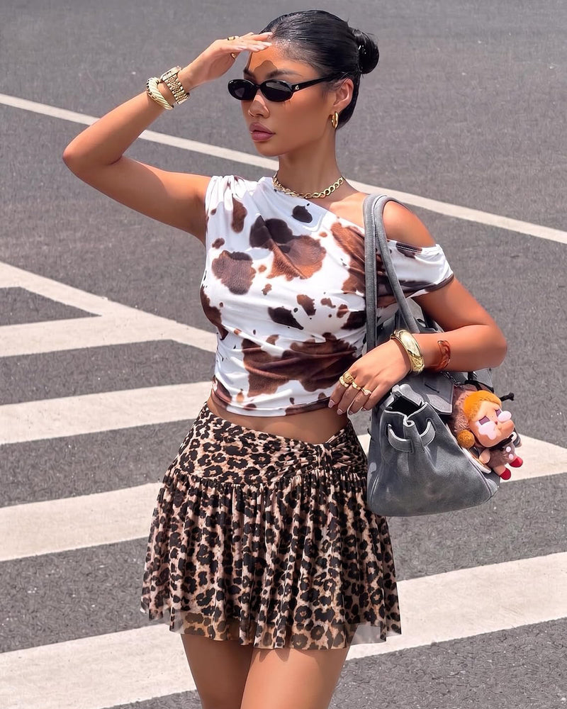 Twist-Front Mesh Mini Skirt with Built-in Shorts