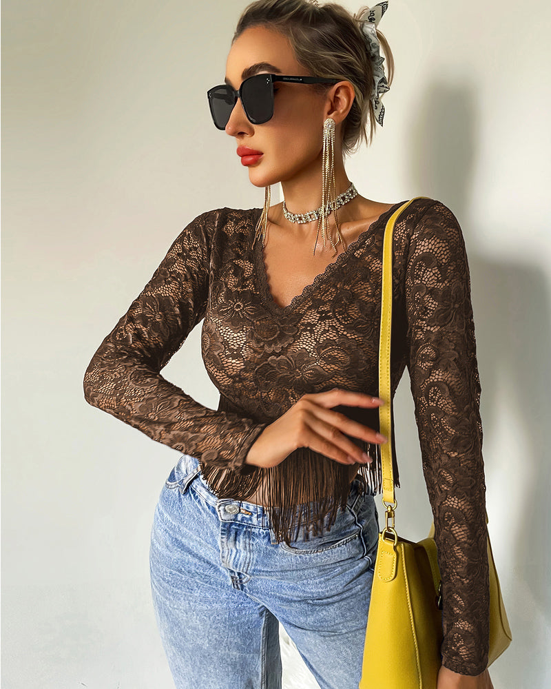 Sheer Lace Fringe Hem Crop Top