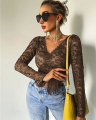 Sheer Lace Fringe Hem Crop Top
