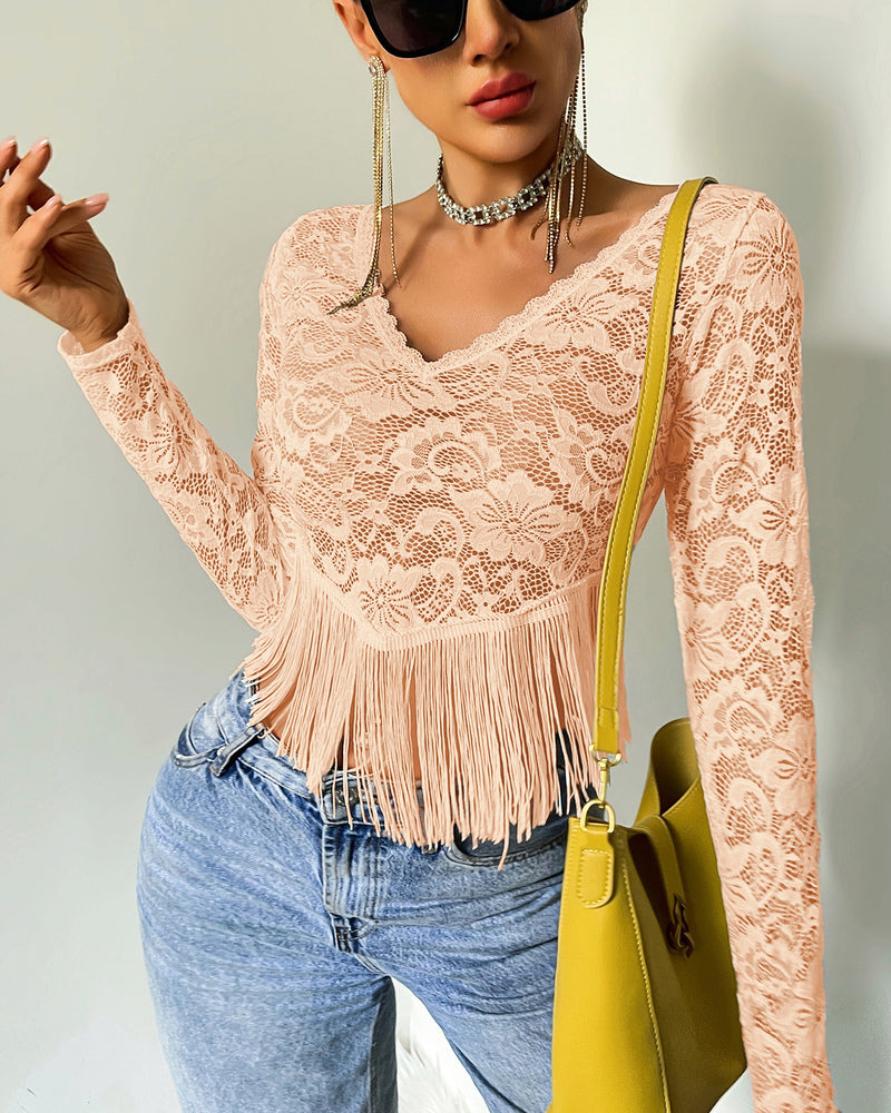 Sheer Lace Fringe Hem Crop Top