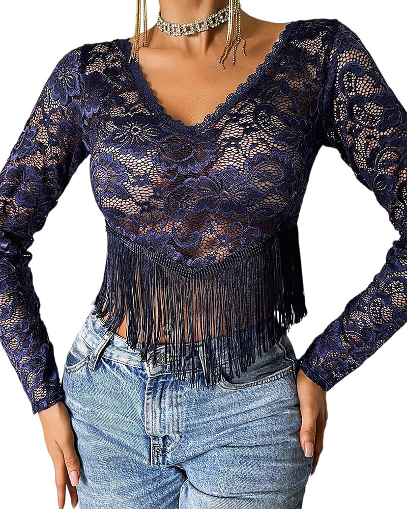 Sheer Lace Fringe Hem Crop Top