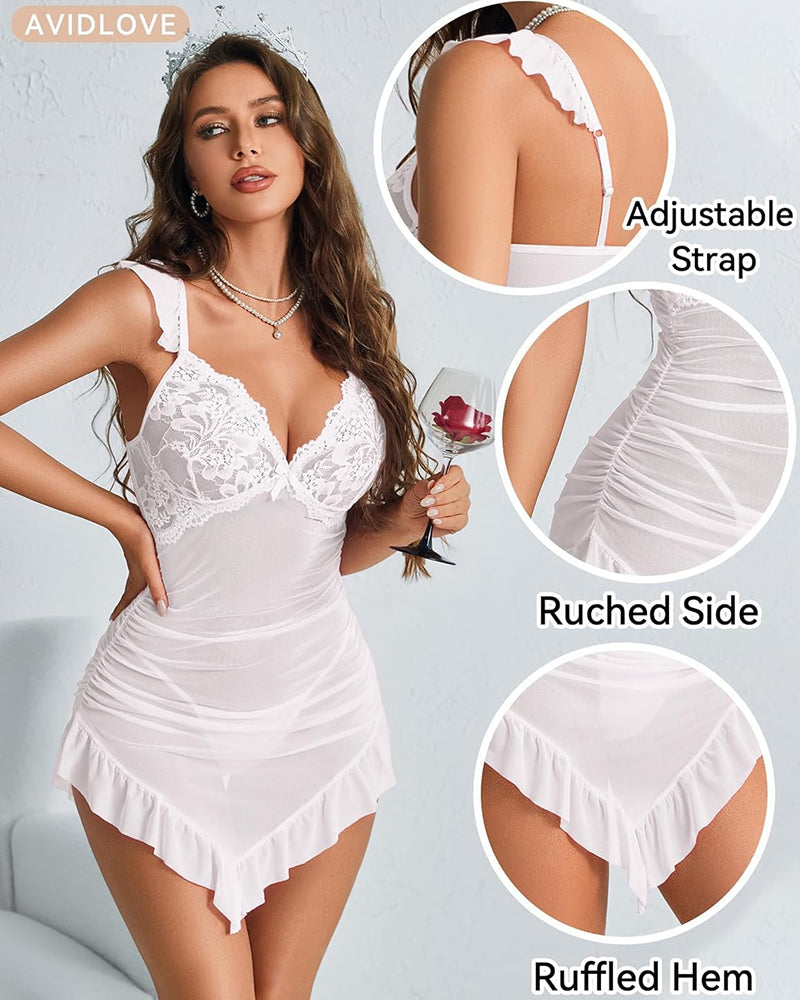 Lace Ruched Mesh Lingerie Dress with Thong