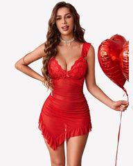Lace Ruched Mesh Lingerie Dress with Thong