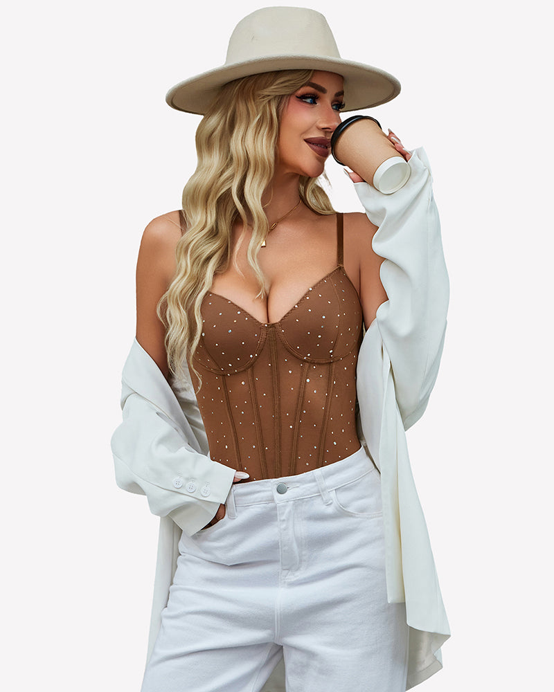 Sparkle Sheer Mesh Square Neck Bodysuit