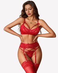 Lace Garter Belt Bra Panty 3-Piece Lingerie Set