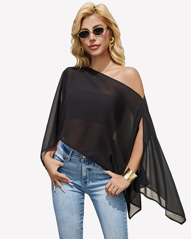 Off Shoulder Chiffon Blouse Batwing Sleeve Flowy Going Out Top