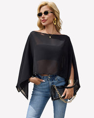 Off Shoulder Chiffon Blouse Batwing Sleeve Flowy Going Out Top