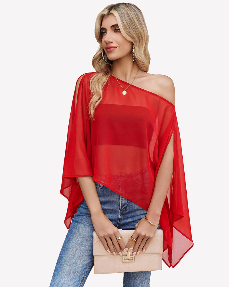 Off Shoulder Chiffon Blouse Batwing Sleeve Flowy Going Out Top