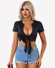 Tie Front Crop Tops Short Sleeve Shirts