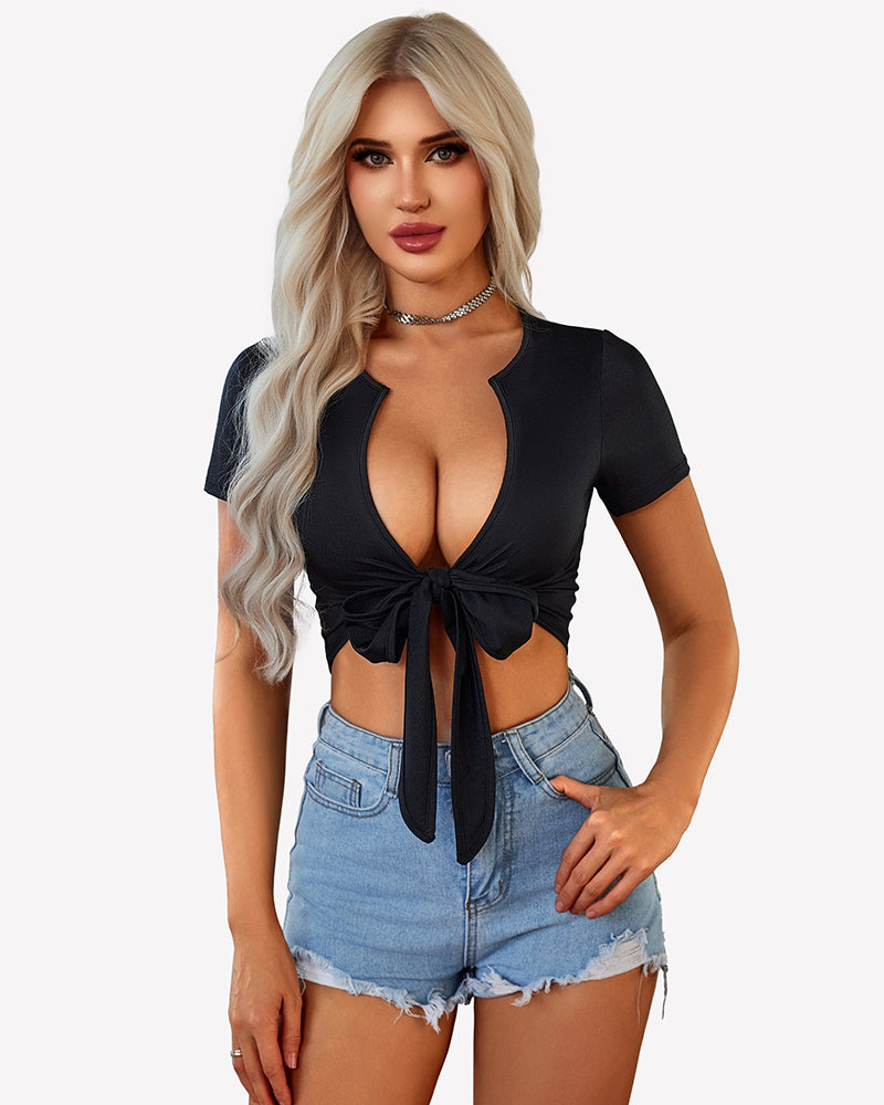 Tie Front Crop Tops Short Sleeve Shirts
