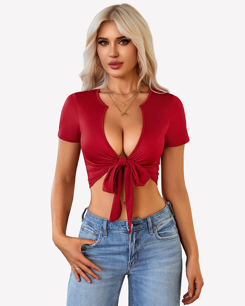 Tie Front Crop Tops Short Sleeve Shirts