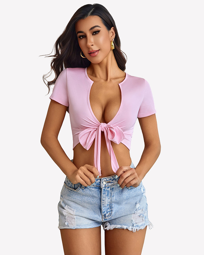 Tie Front Crop Tops Short Sleeve Shirts