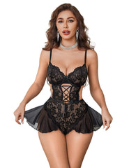 Ruffle Hem Lace Teddy Corset Bodysuit