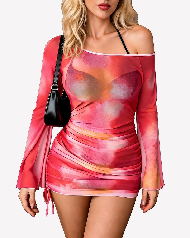 Off Shoulder Sheer Mesh Bodycon Dress Long Sleeve Cover Up
