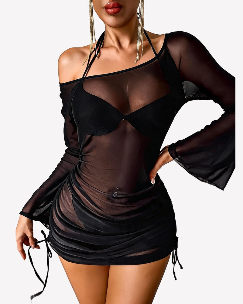 Off Shoulder Sheer Mesh Bodycon Dress Long Sleeve Cover Up