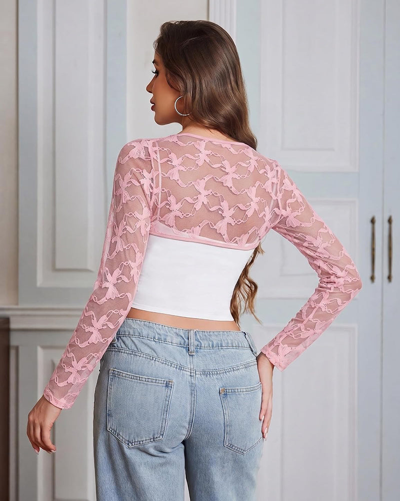 Lace Cut-Out Sheer Long Sleeve Crop Shrug