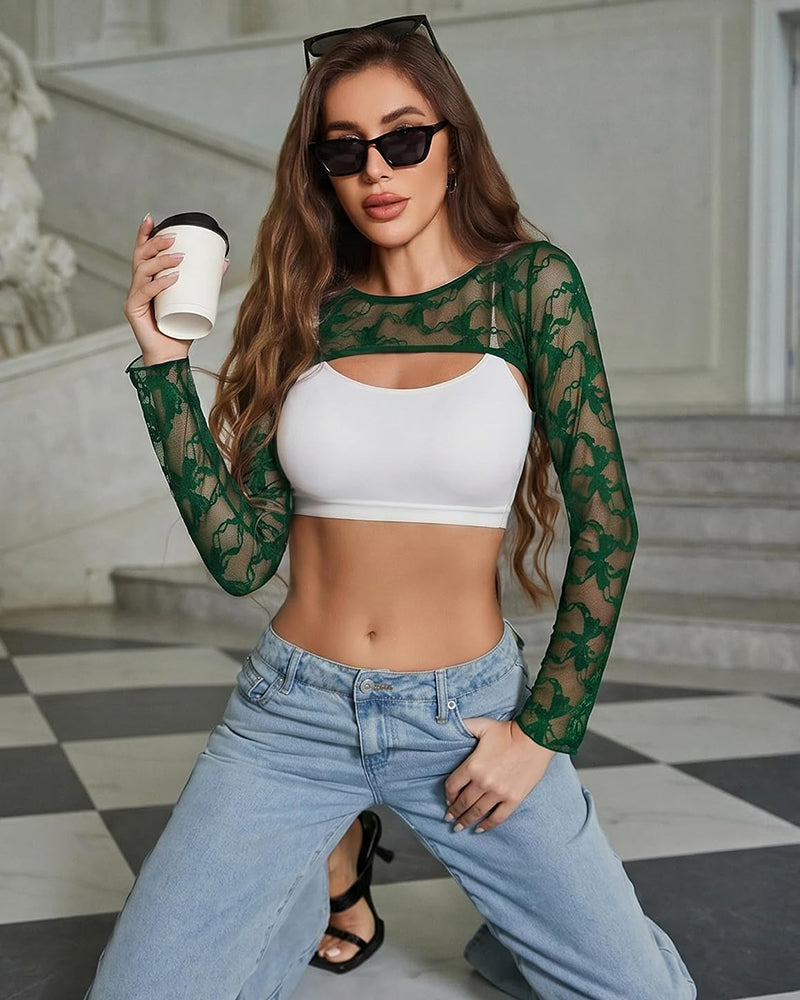 Lace Cut-Out Sheer Long Sleeve Crop Shrug