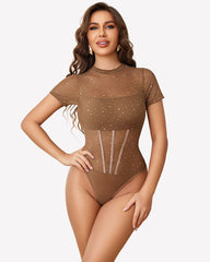 Mock Neck Sheer Mesh Rhinestone Bodysuit