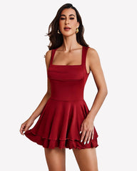 Square Neck Ruched Bust Mini Dress Sleeveless Double Layer Dresses