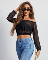 Off-Shoulder Ruffle Sheer Mesh Crop Blouse