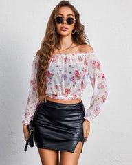 Off-Shoulder Ruffle Sheer Mesh Crop Blouse