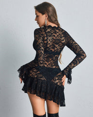 Sheer Floral Lace Long Sleeve Mini Dress