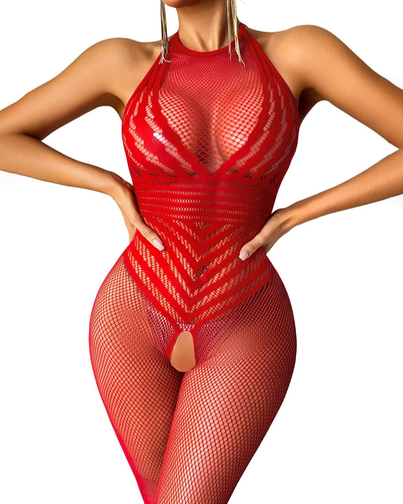 Fishnet Bodystocking - Sheer Mesh Halter Bodysuit, One Size Fits All