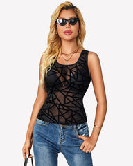 Square Neck Sheer Mesh Tank Top Sleeveless See Through Cami