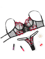 Embroidered Mesh Bra and Thong Lingerie Set