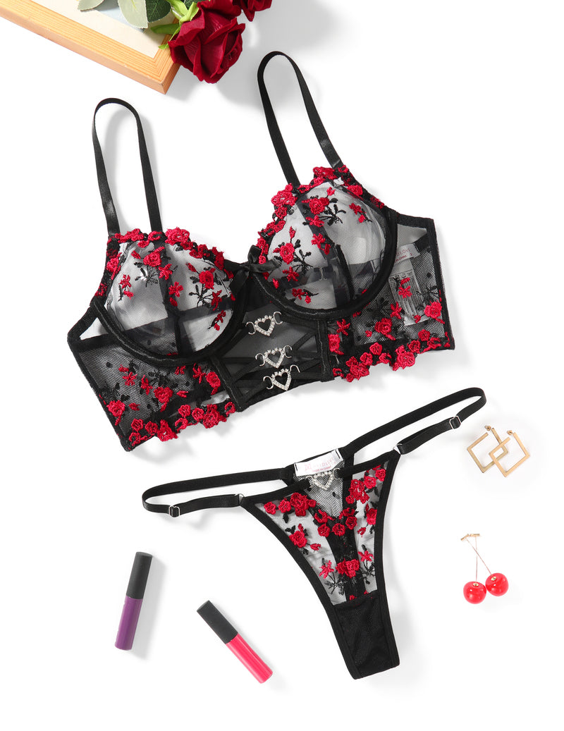 Embroidered Mesh Bra and Thong Lingerie Set