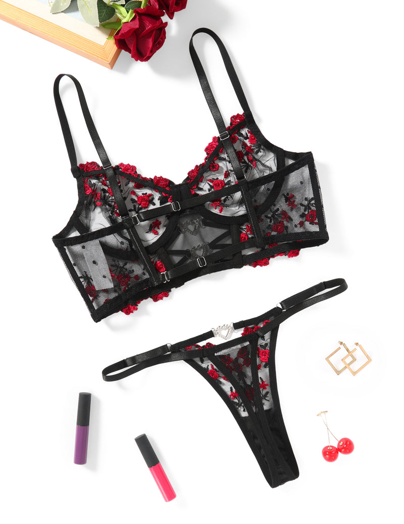 Embroidered Mesh Bra and Thong Lingerie Set