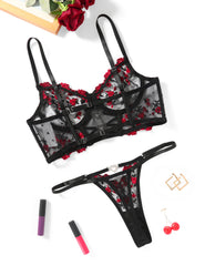 Embroidered Mesh Bra and Thong Lingerie Set