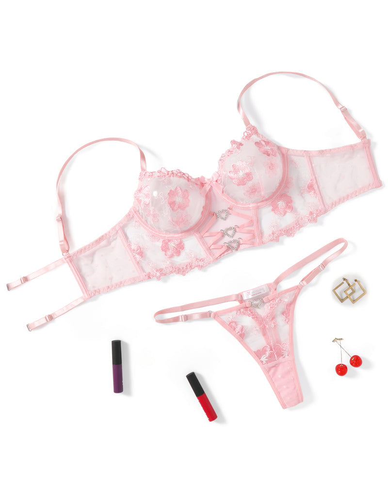 Embroidered Mesh Bra and Thong Lingerie Set