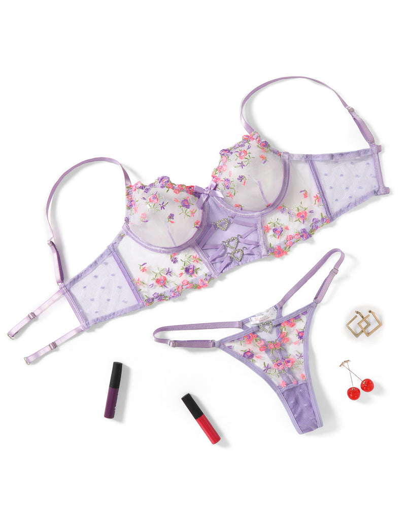 Embroidered Mesh Bra and Thong Lingerie Set