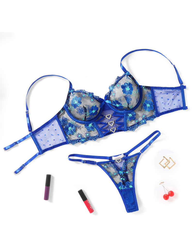 Embroidered Mesh Bra and Thong Lingerie Set