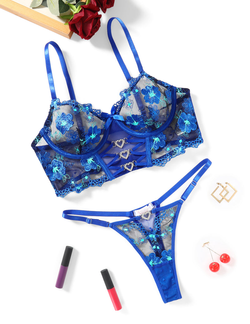 Embroidered Mesh Bra and Thong Lingerie Set