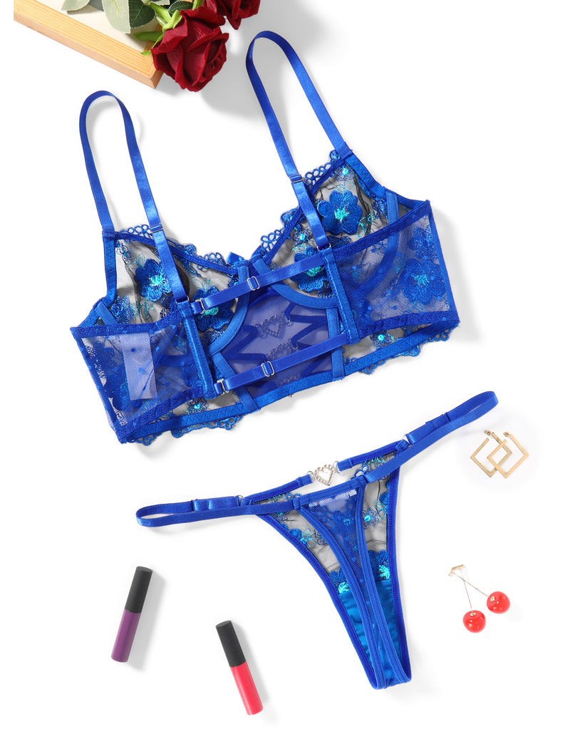 Embroidered Mesh Bra and Thong Lingerie Set
