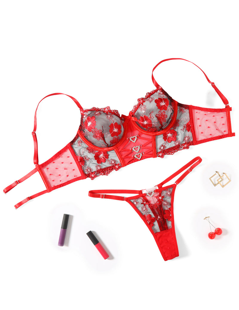 Embroidered Mesh Bra and Thong Lingerie Set