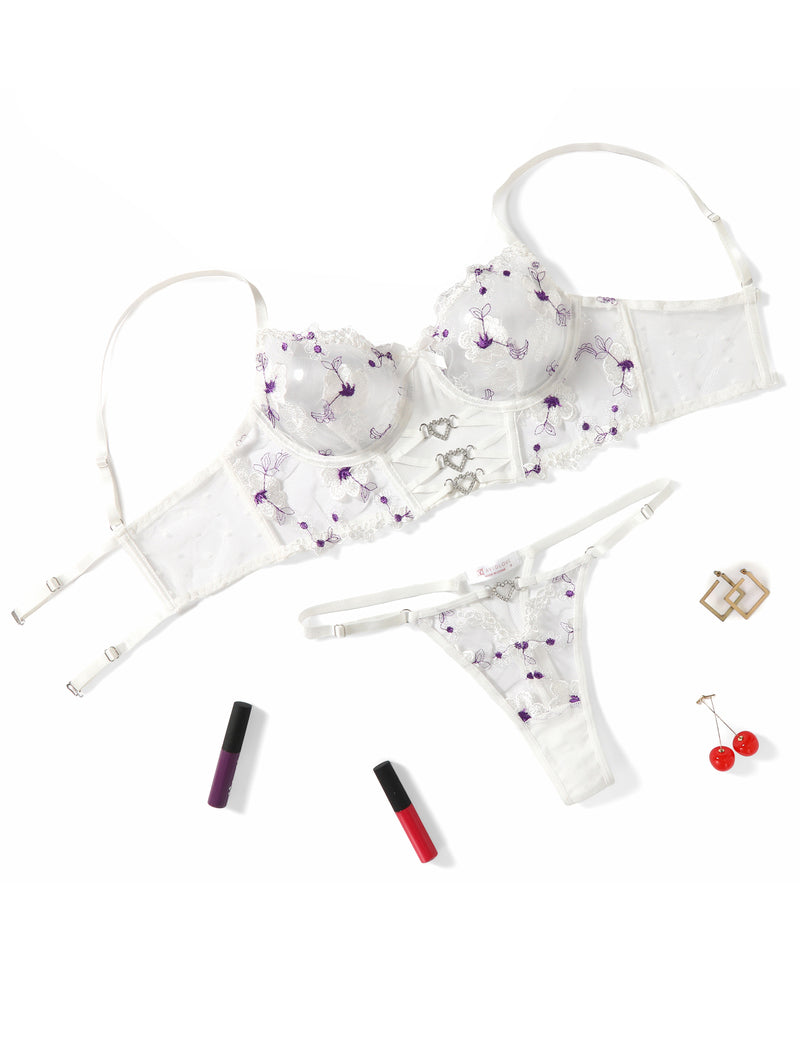 Embroidered Mesh Bra and Thong Lingerie Set