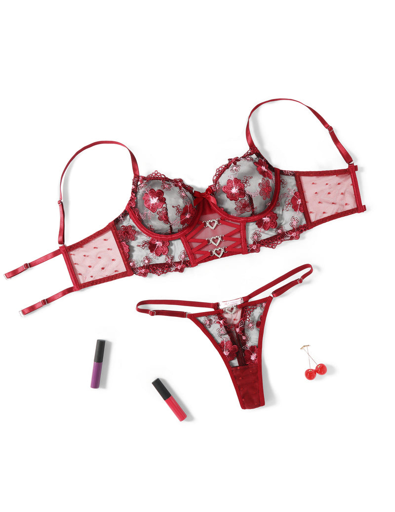 Embroidered Mesh Bra and Thong Lingerie Set