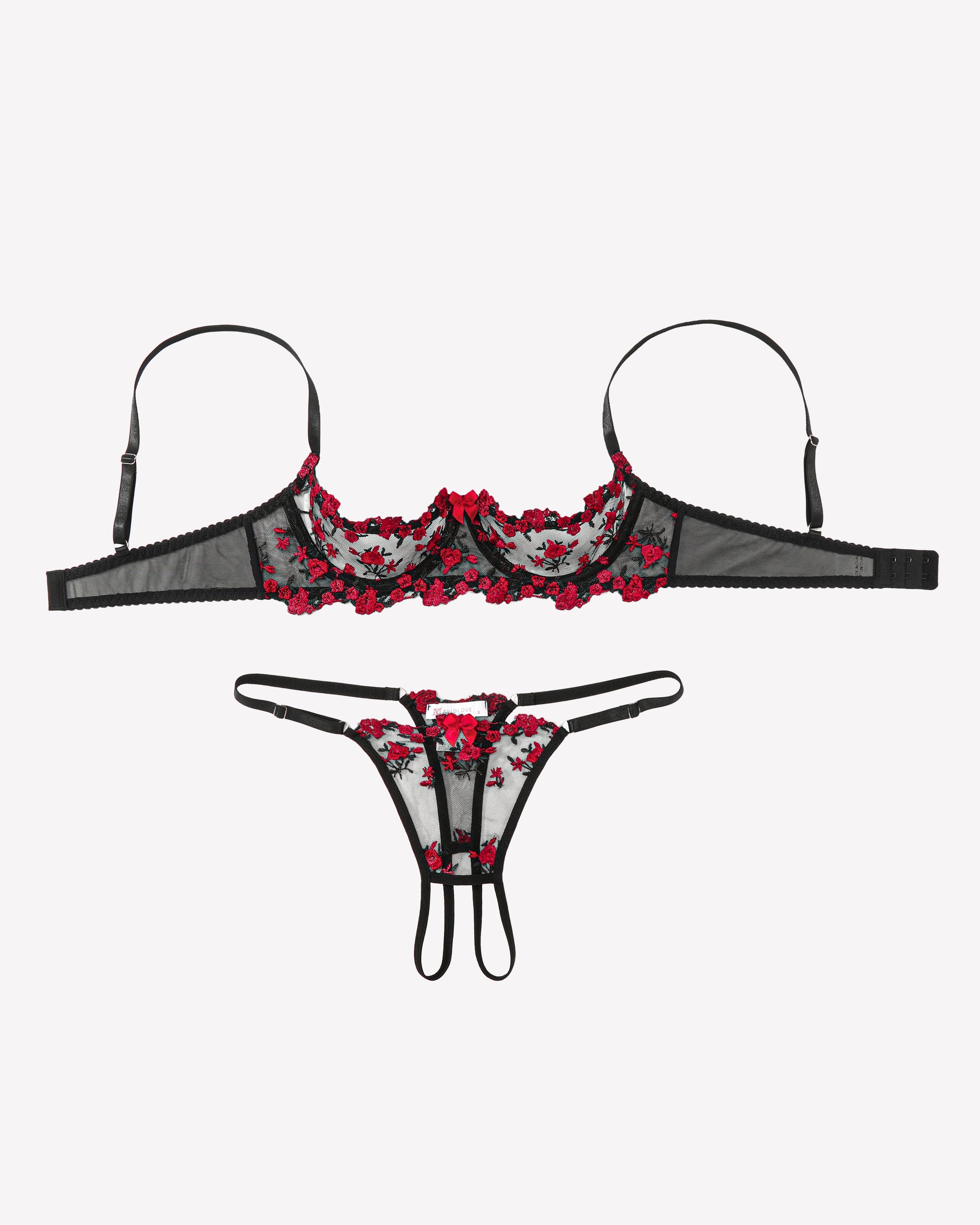 Embroidered Bra and Panty Set 2 Piece Underwire Open Cup Lingerie