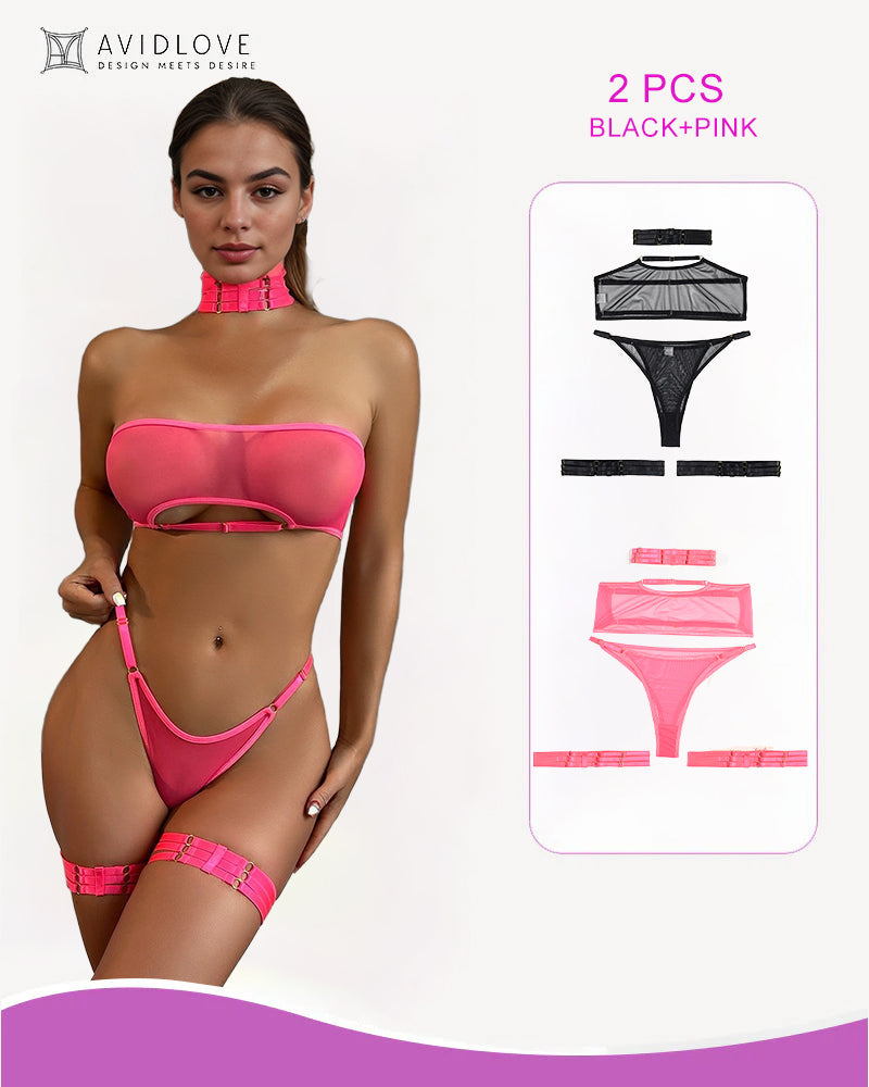 Sheer Mesh Bandeau Bra and Thong Lingerie Set with Choker & Garter