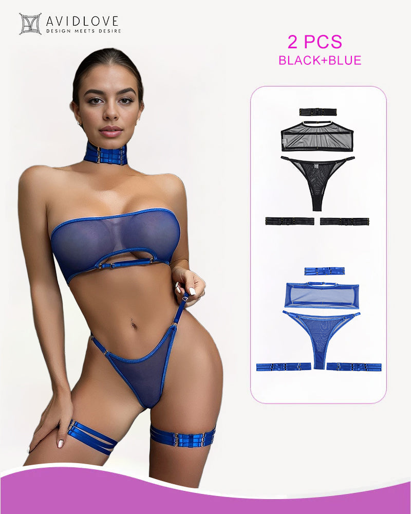 Sheer Mesh Bandeau Bra and Thong Lingerie Set with Choker & Garter