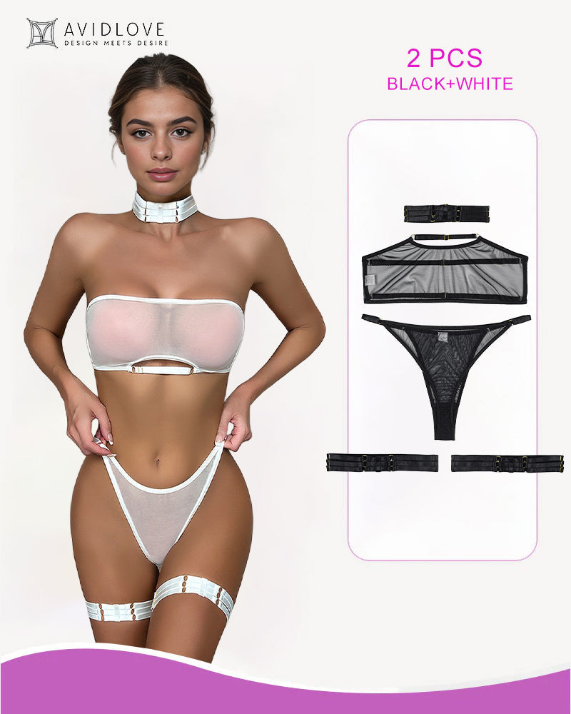 Sheer Mesh Bandeau Bra and Thong Lingerie Set with Choker & Garter