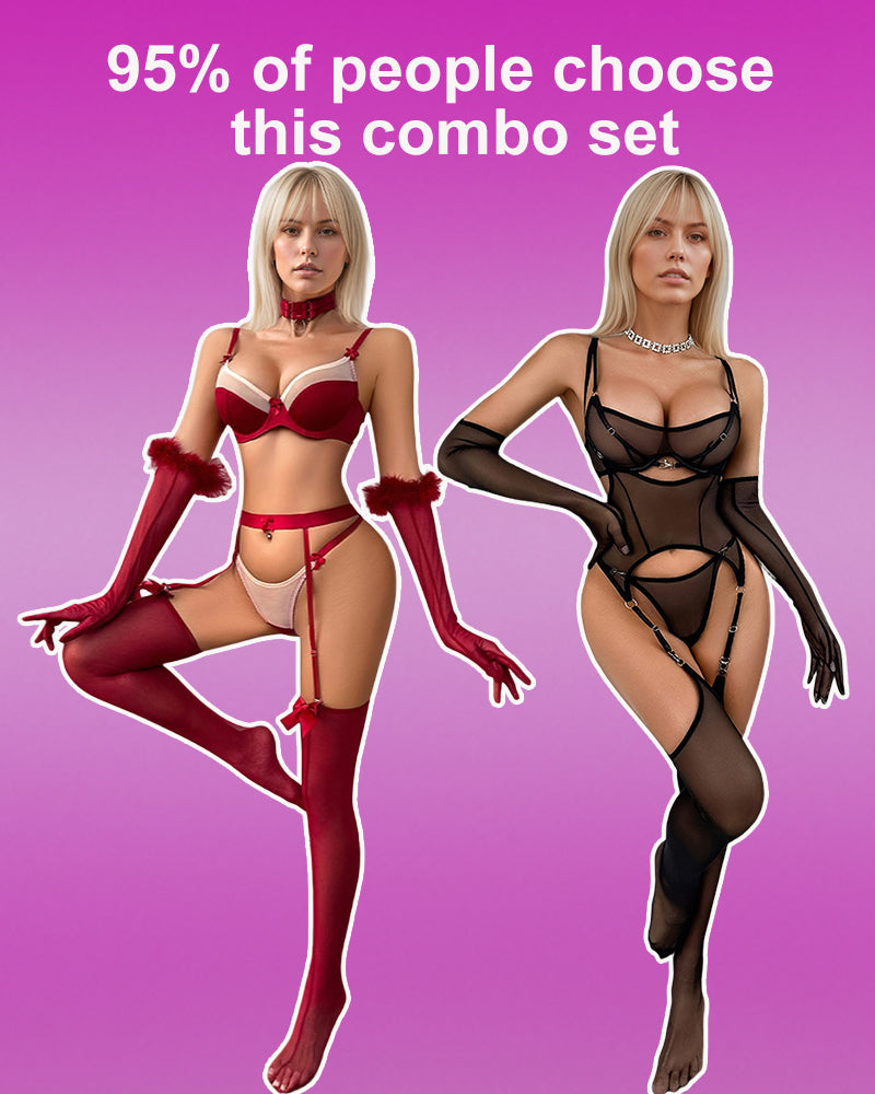 Sheer Mesh Cutout Bodysuit with Long Gloves & Thigh-High Stockings
