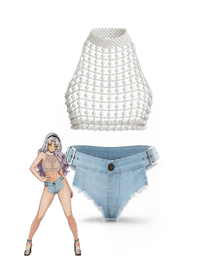 Pearl Chain Halter Crop Top & High Waisted Denim Shorts