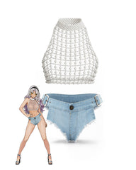 Pearl Chain Halter Crop Top & High Waisted Denim Shorts