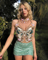 Embroidered Butterfly Top with Pearl Chain & Sequin Skirt Options